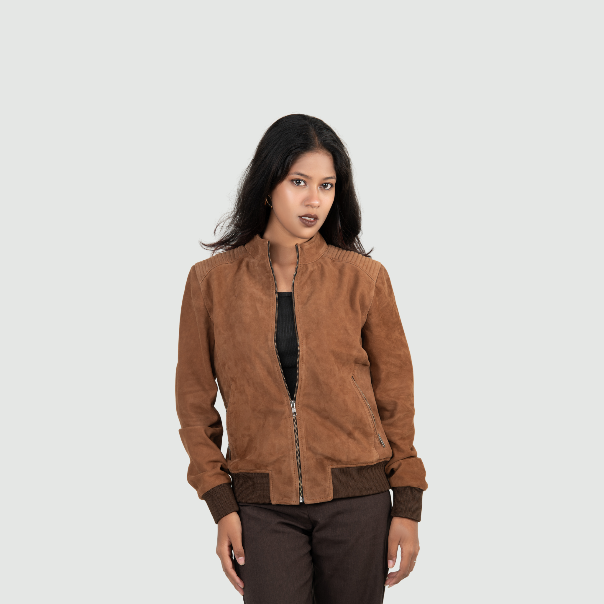 Tan Brown Suede Bomber Jacket