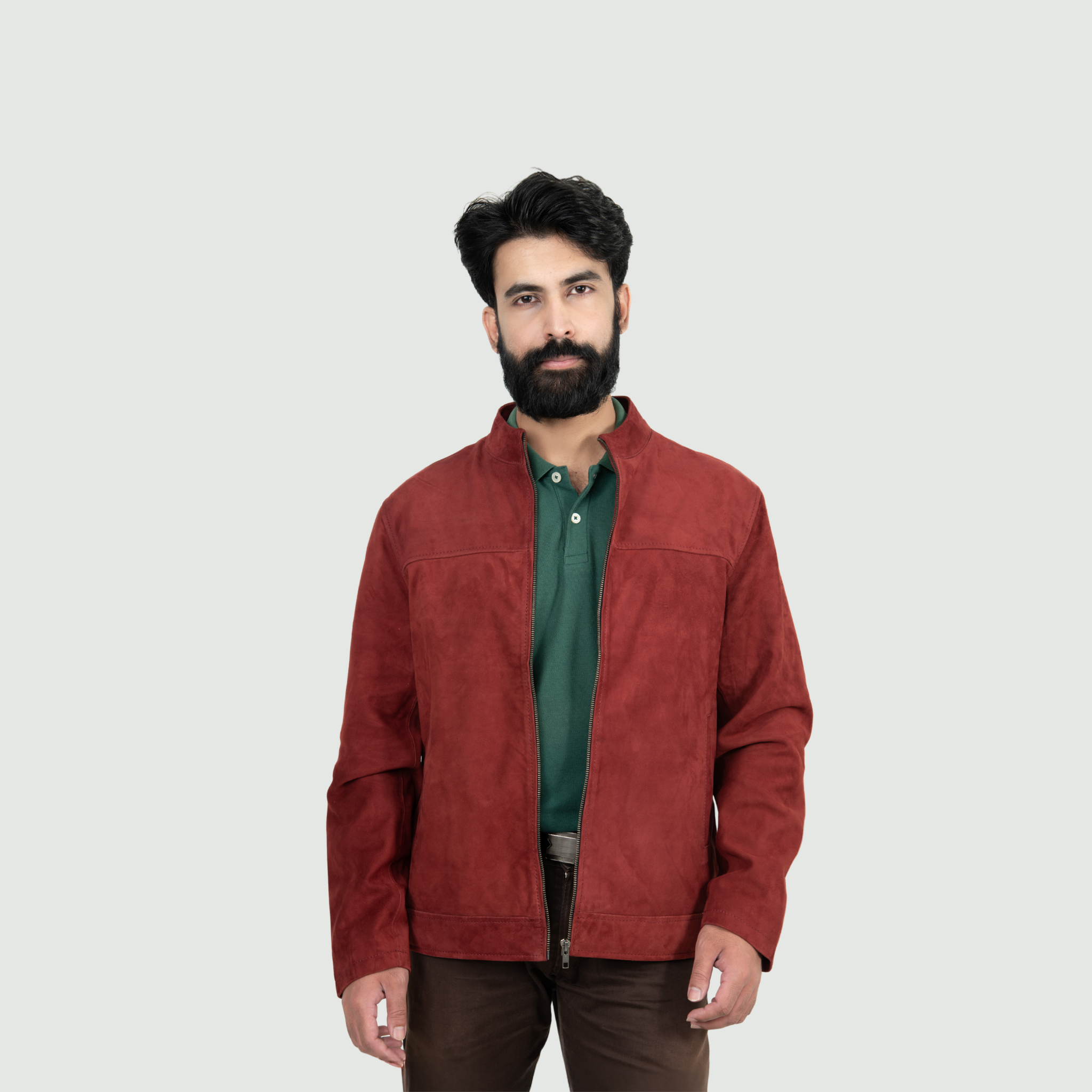 Brick Red/Deep Rust Mandarin Collar Bomber Jacket