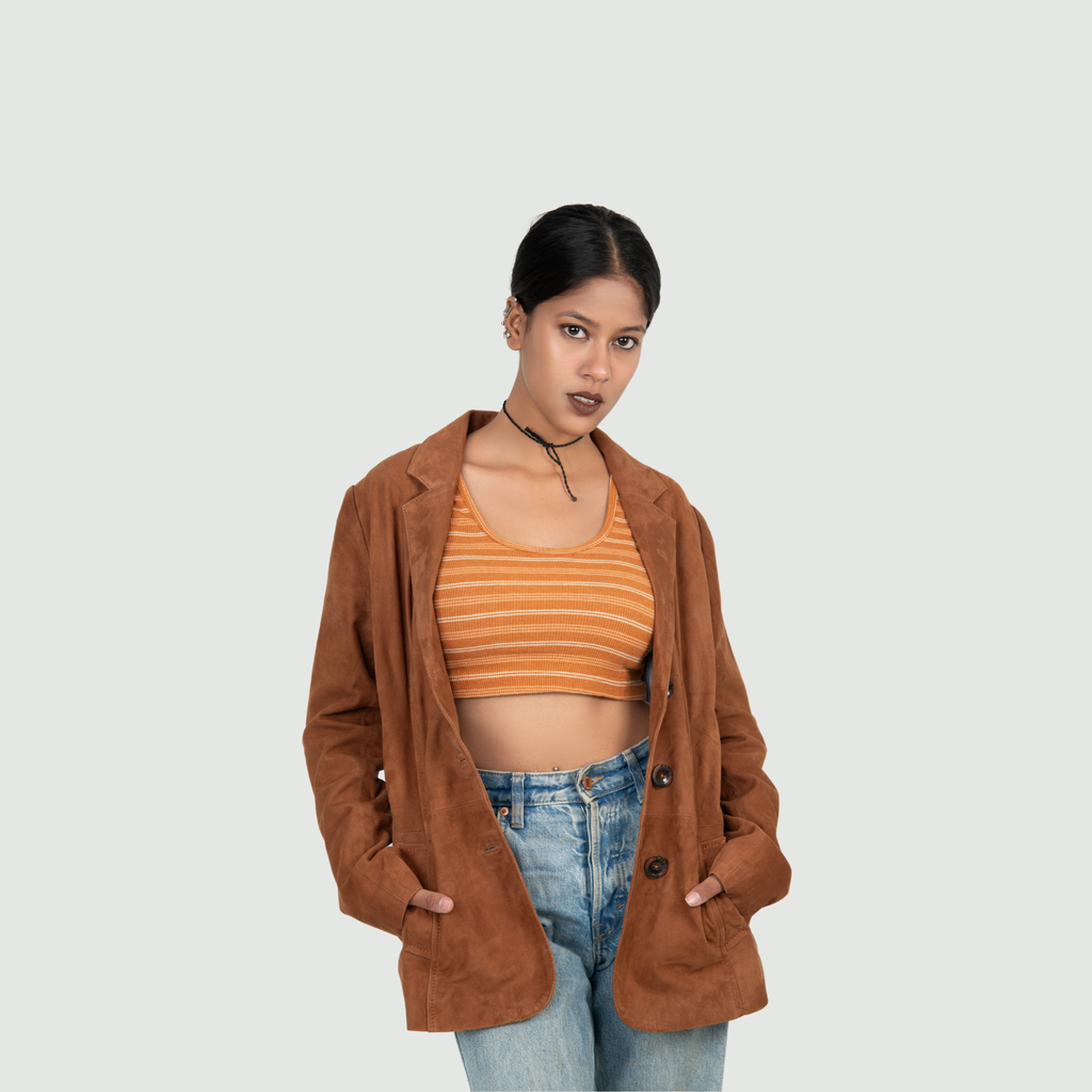 Blazer in pelle scamosciata marrone chiaro