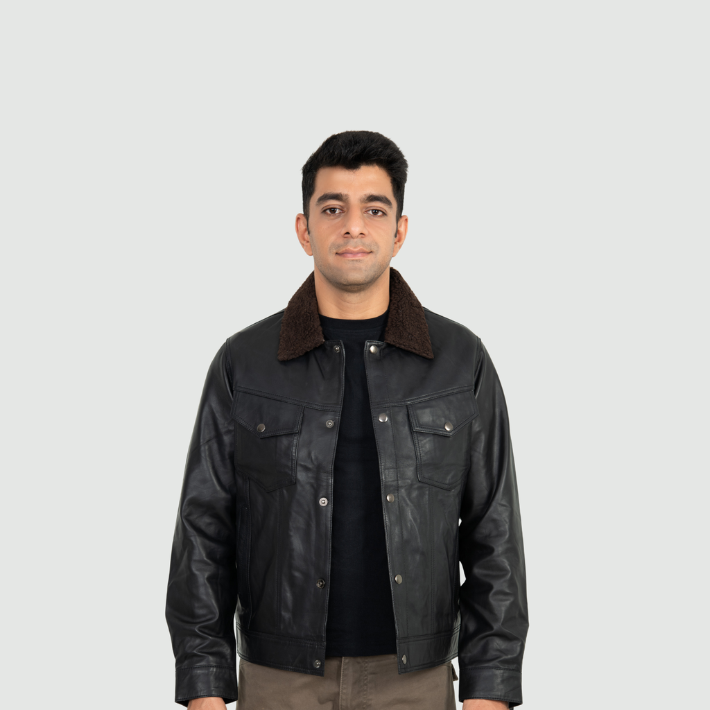 Jet Black Jacket With Brown Shearling Collar