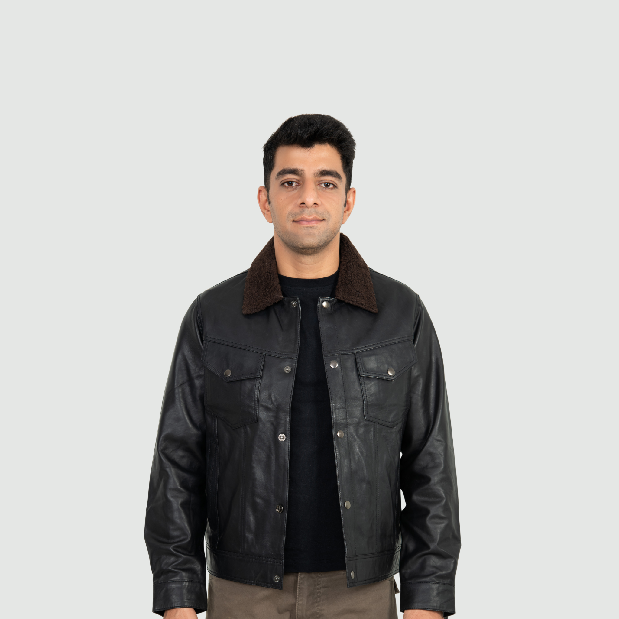 Jet Black Jacket With Brown Shearling Collar