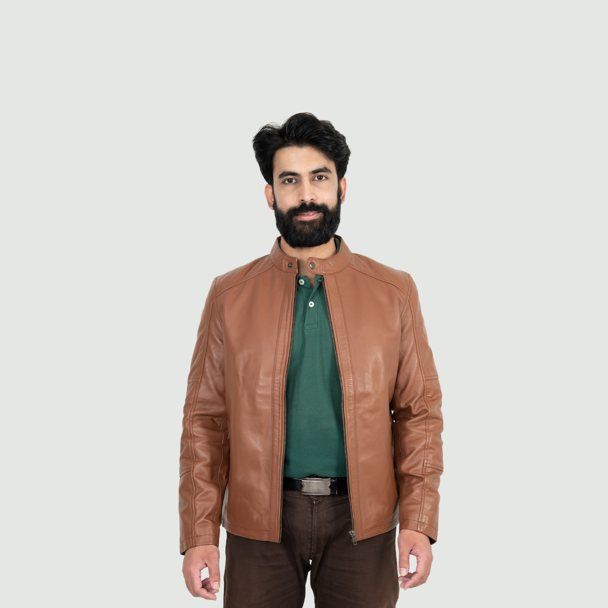 Tan Brown Mandarin Collar Biker Jacket