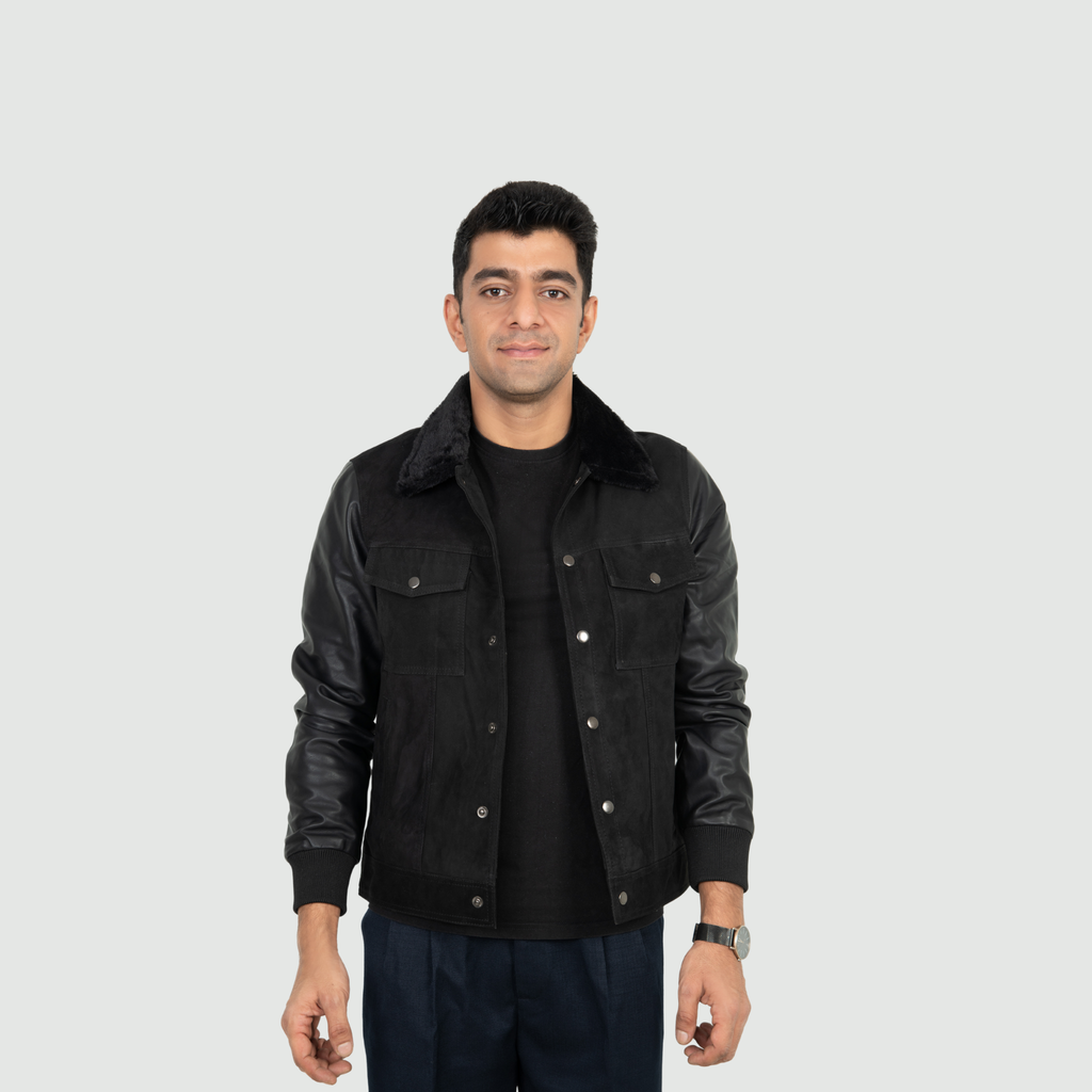 Jet Black Jacket With Black Shearling Collar