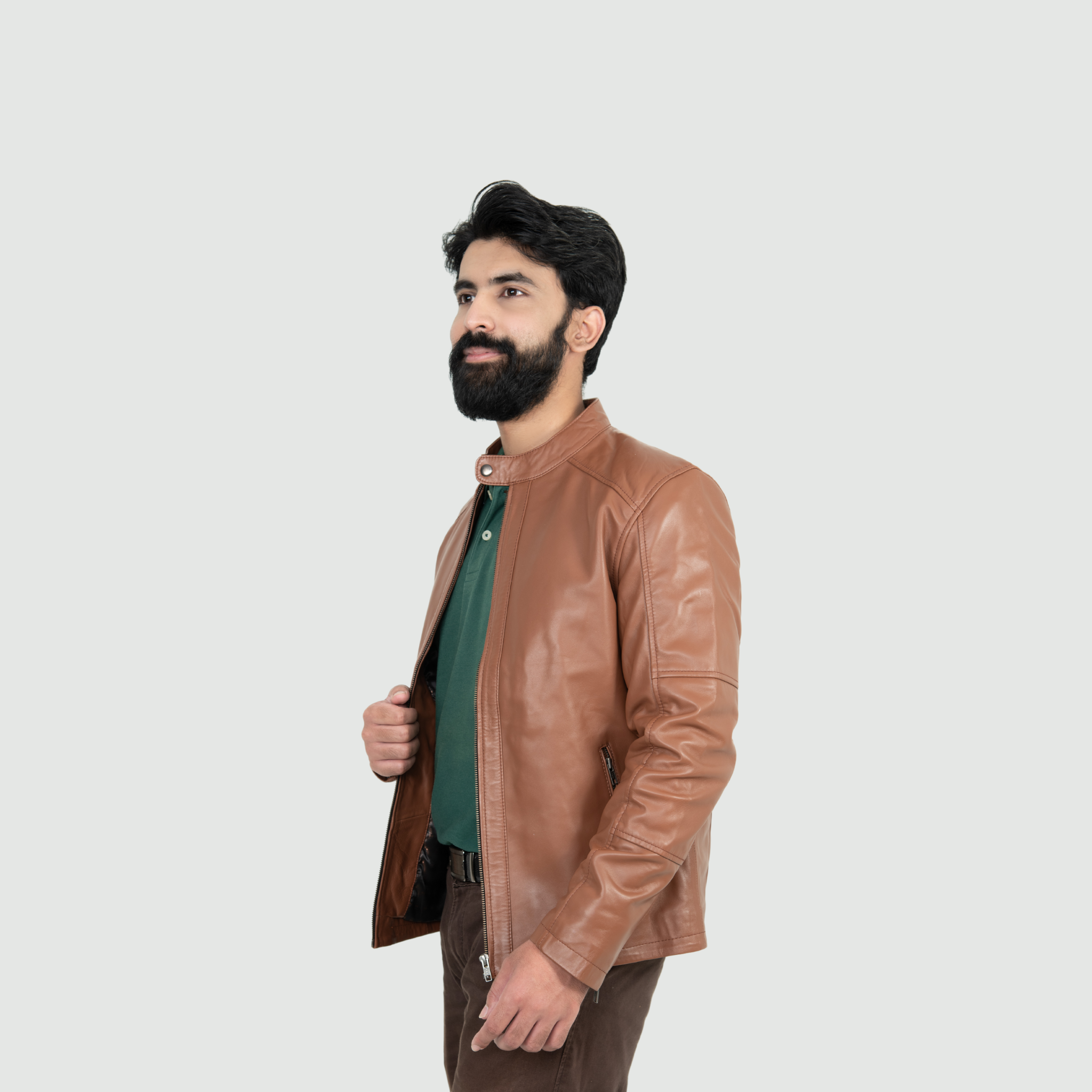 Tan Brown Mandarin Collar Biker Jacket