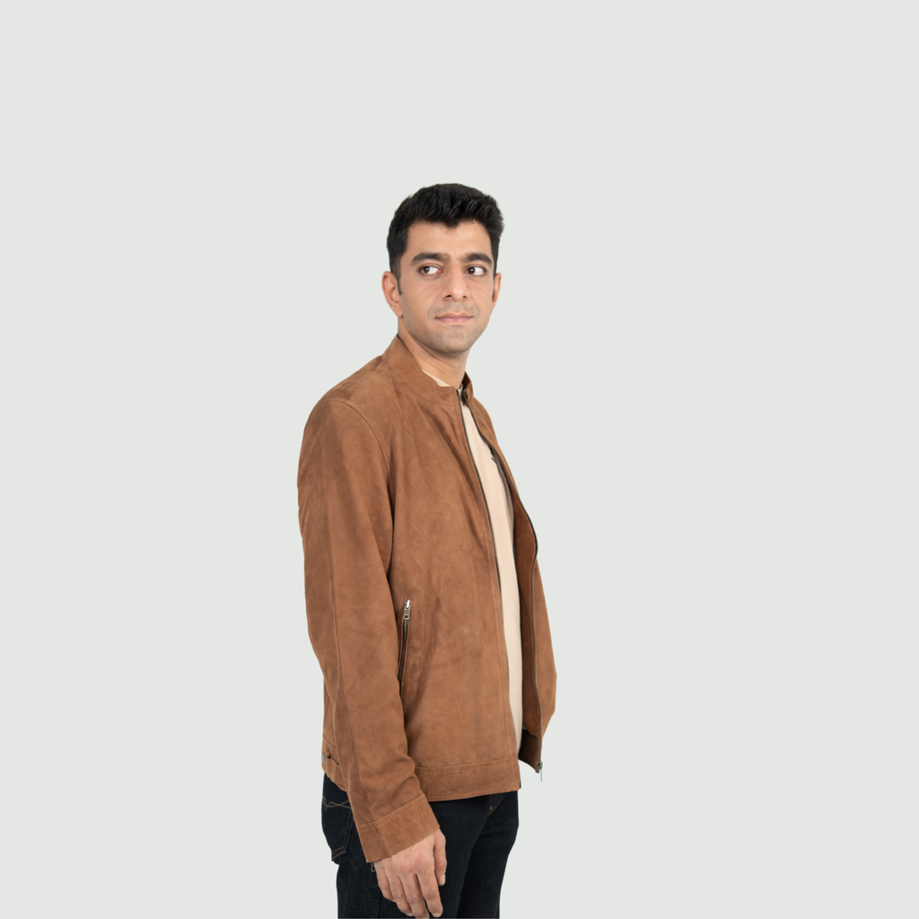 Warm Tan Brown Mandarin Collar Bomber Jacket