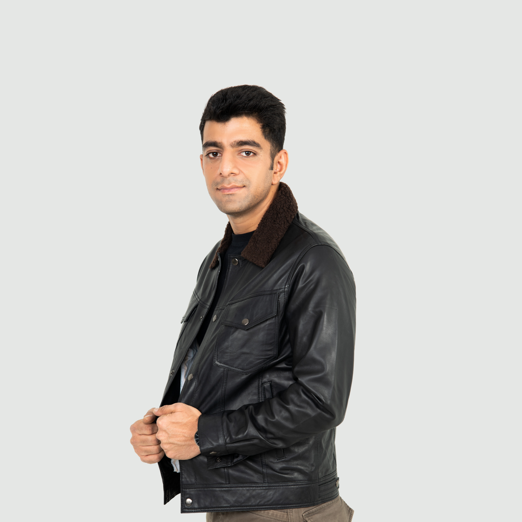 Jet Black Jacket With Brown Shearling Collar