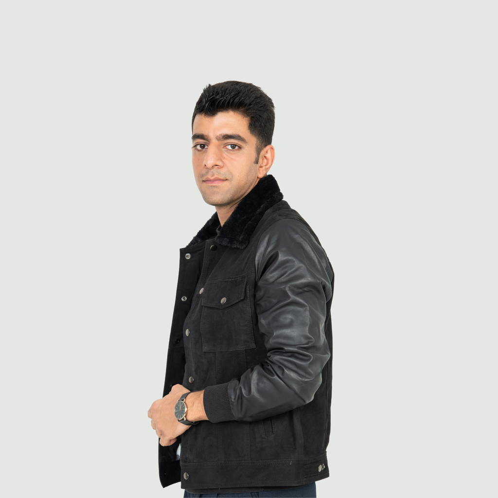 Jet Black Jacket With Black Shearling Collar