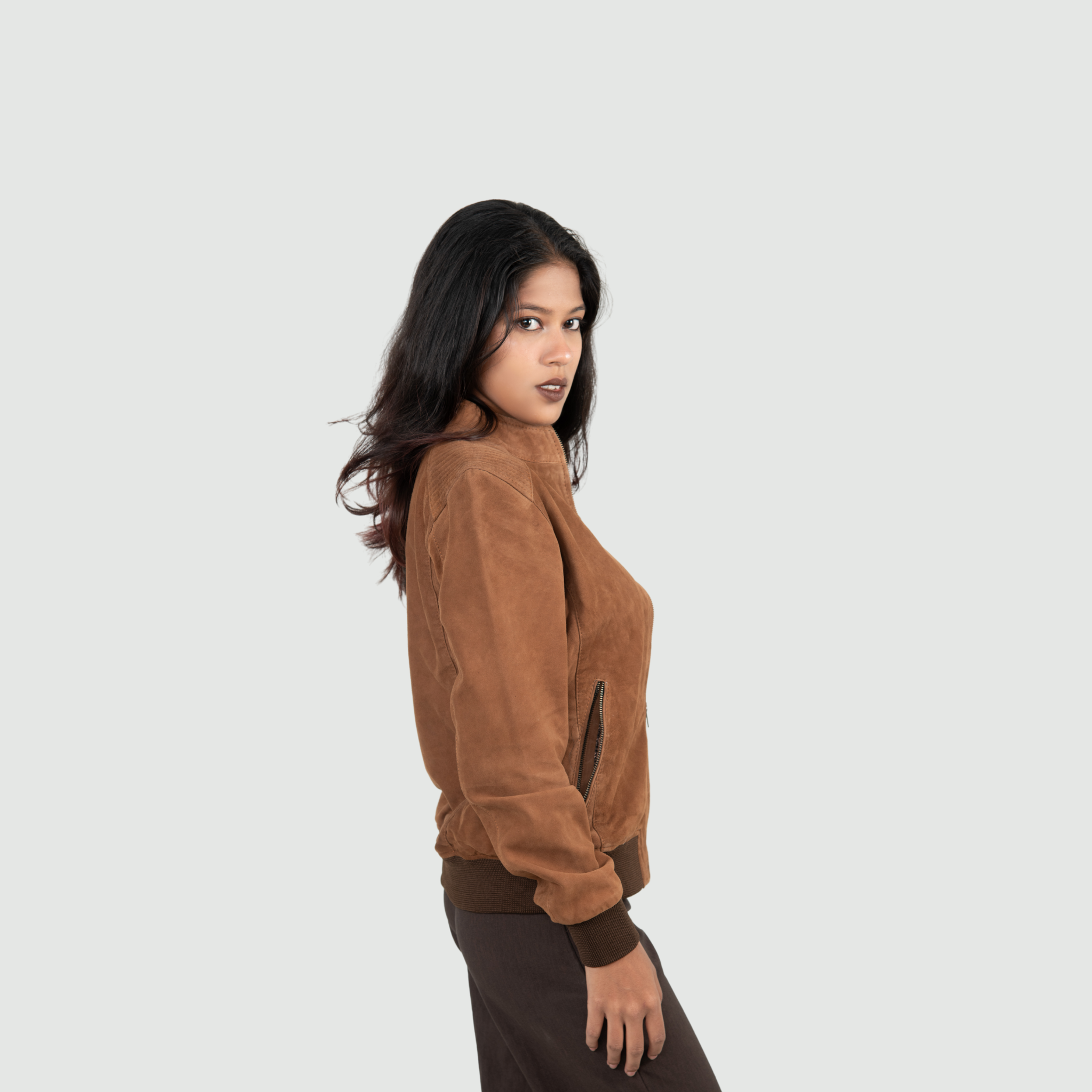 Tan Brown Suede Bomber Jacket