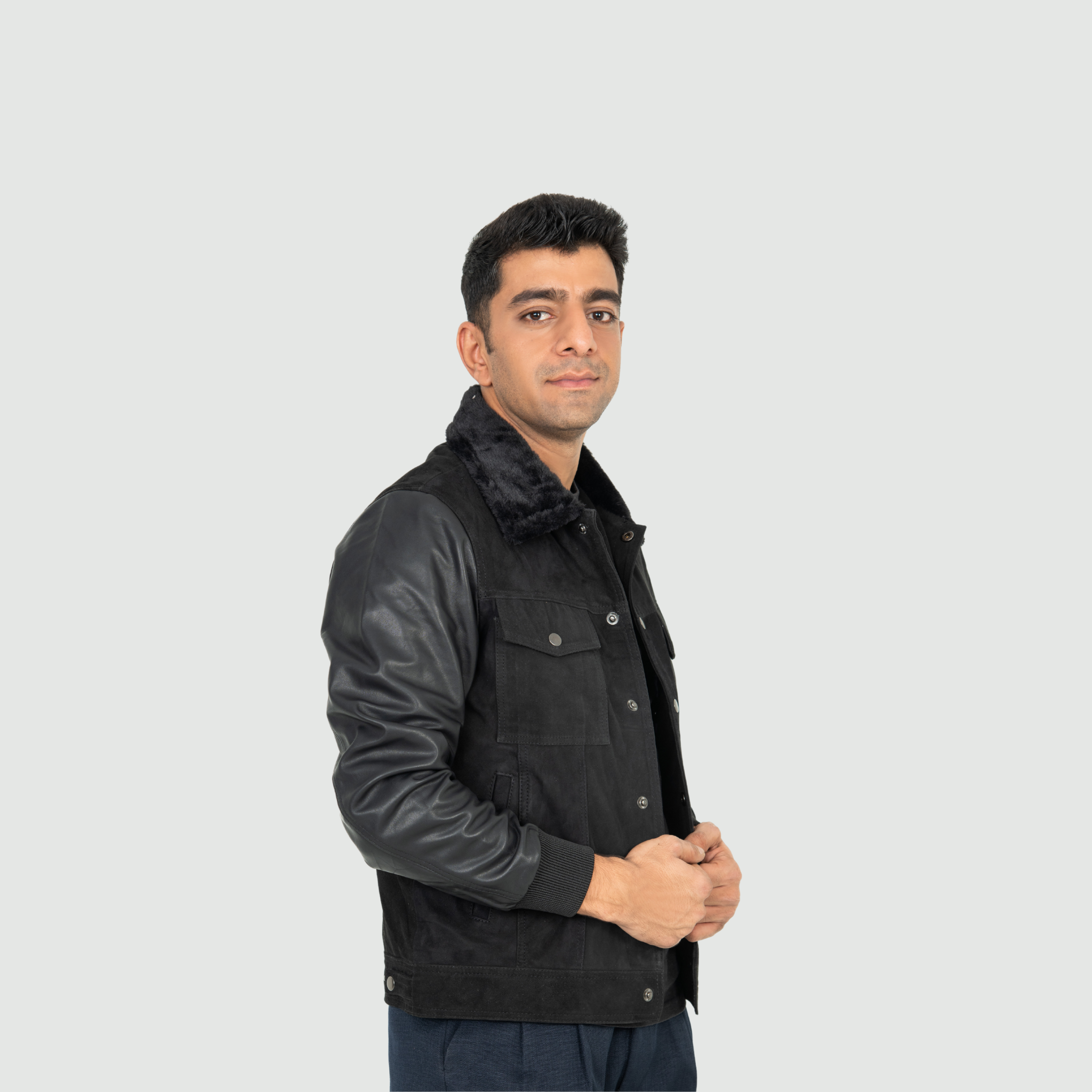 Jet Black Jacket With Black Shearling Collar