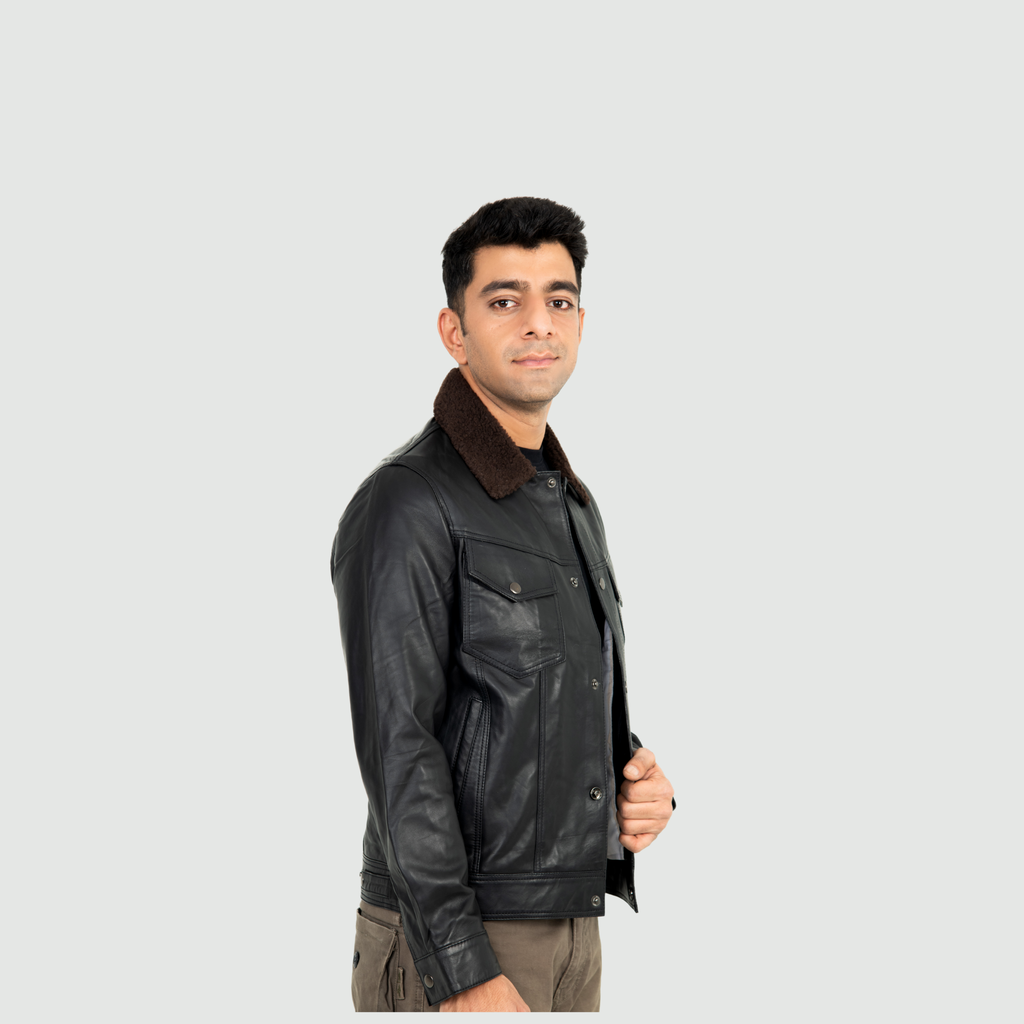 Jet Black Jacket With Brown Shearling Collar