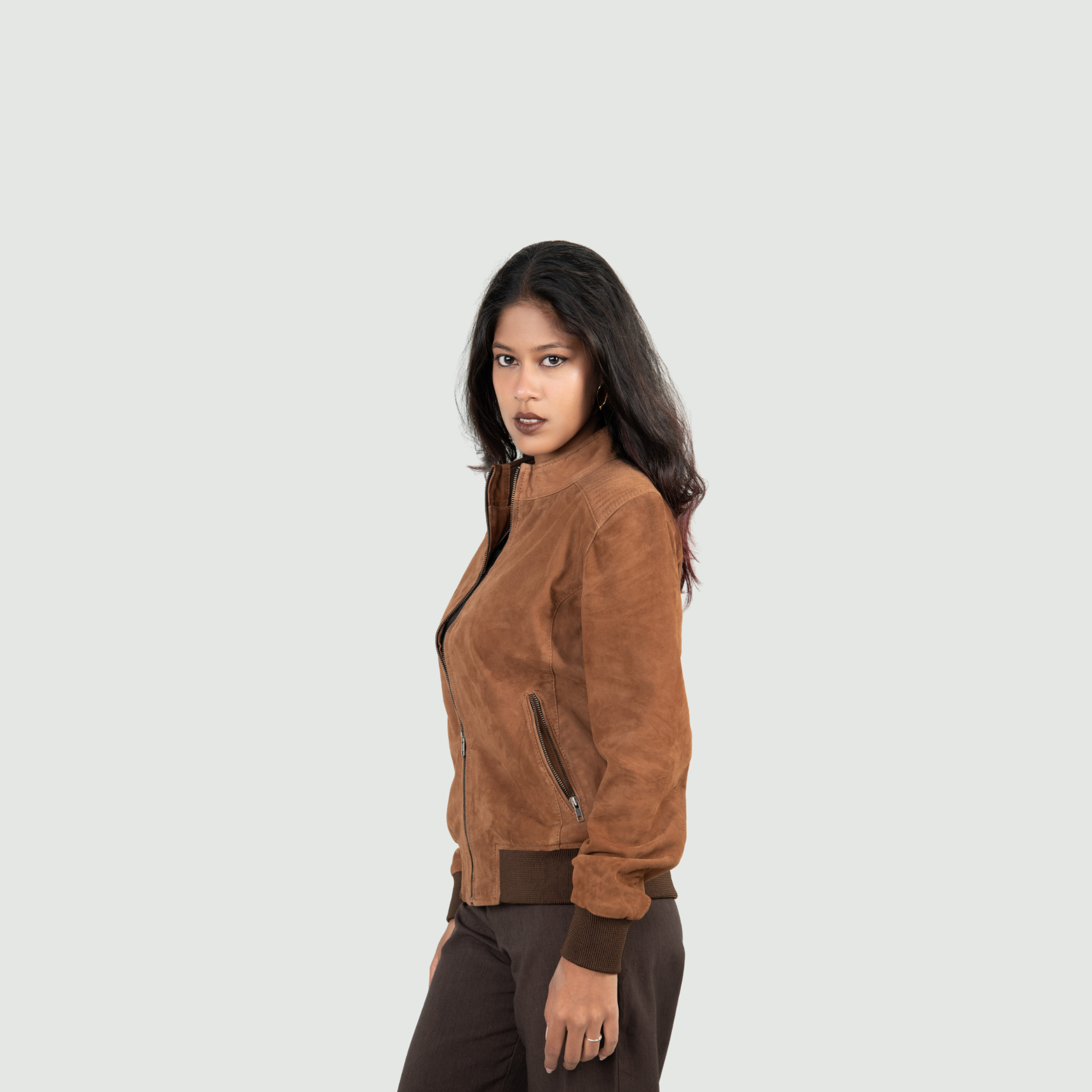 Tan Brown Suede Bomber Jacket