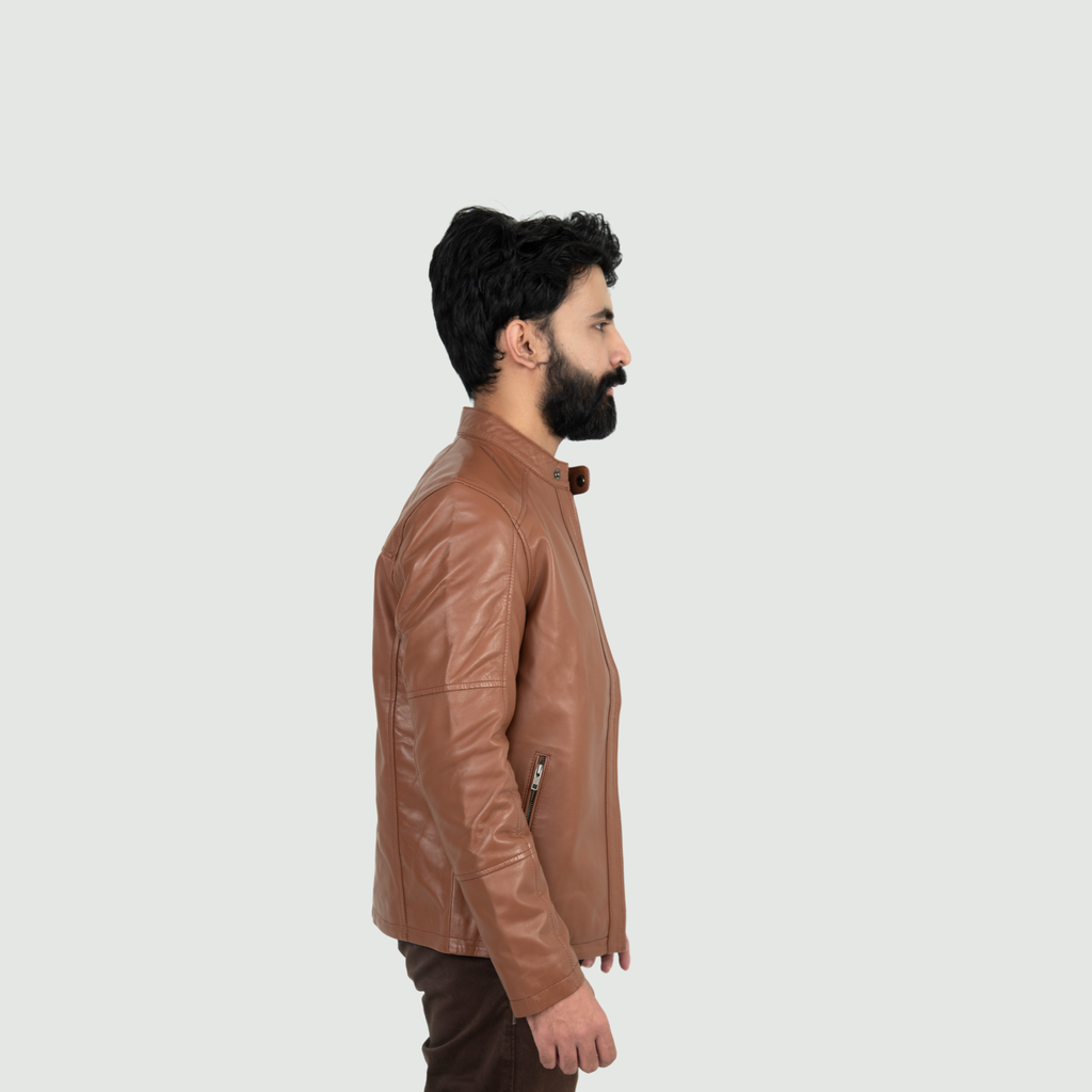Tan Brown Mandarin Collar Biker Jacket