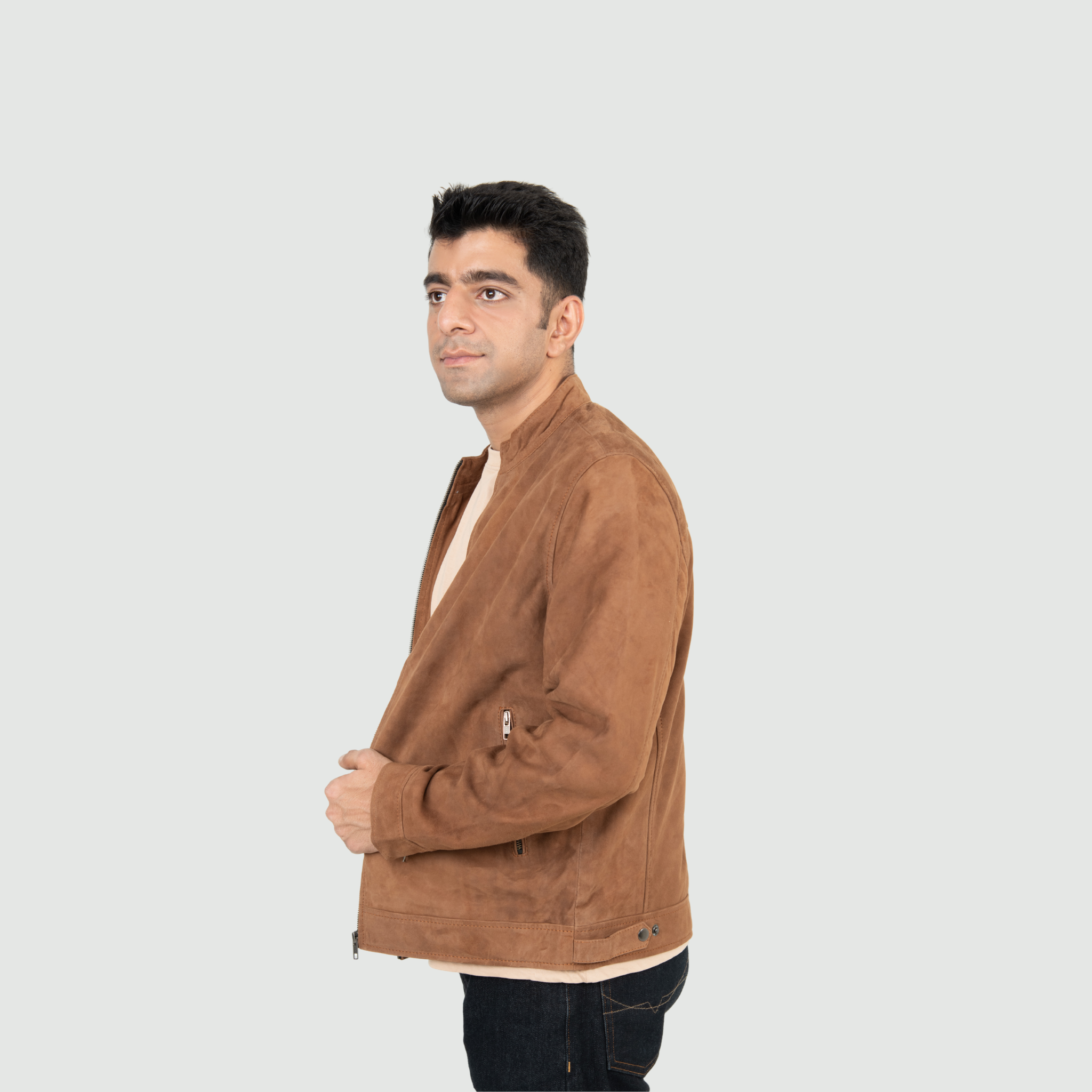 Warm Tan Brown Mandarin Collar Bomber Jacket
