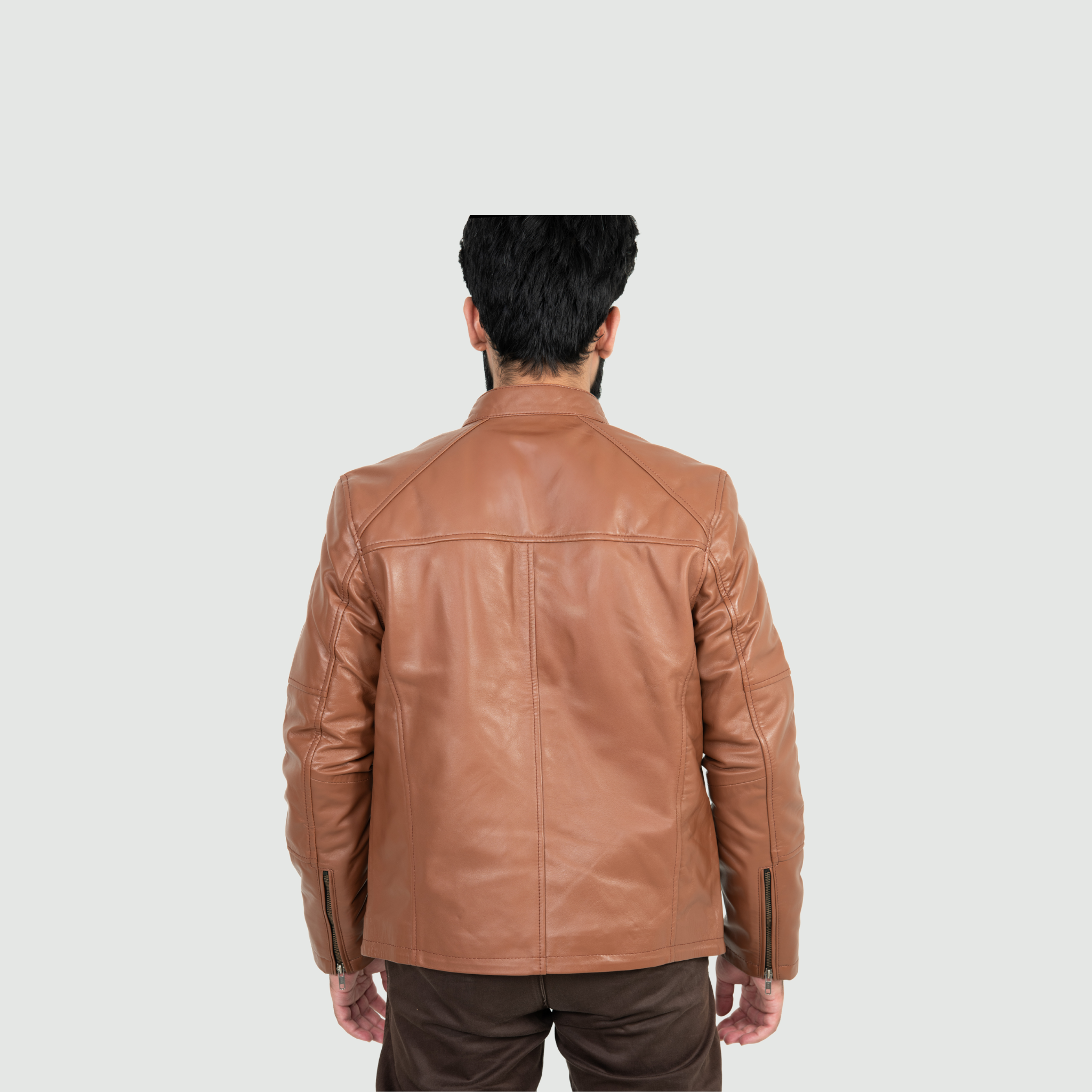 Tan Brown Mandarin Collar Biker Jacket