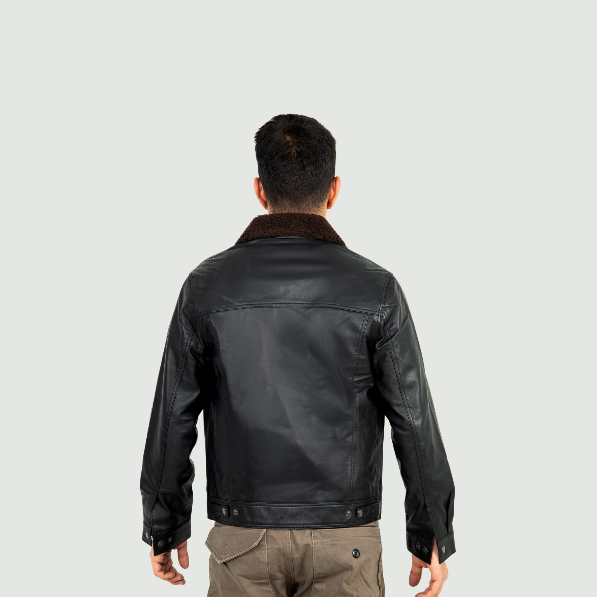 Jet Black Jacket With Brown Shearling Collar