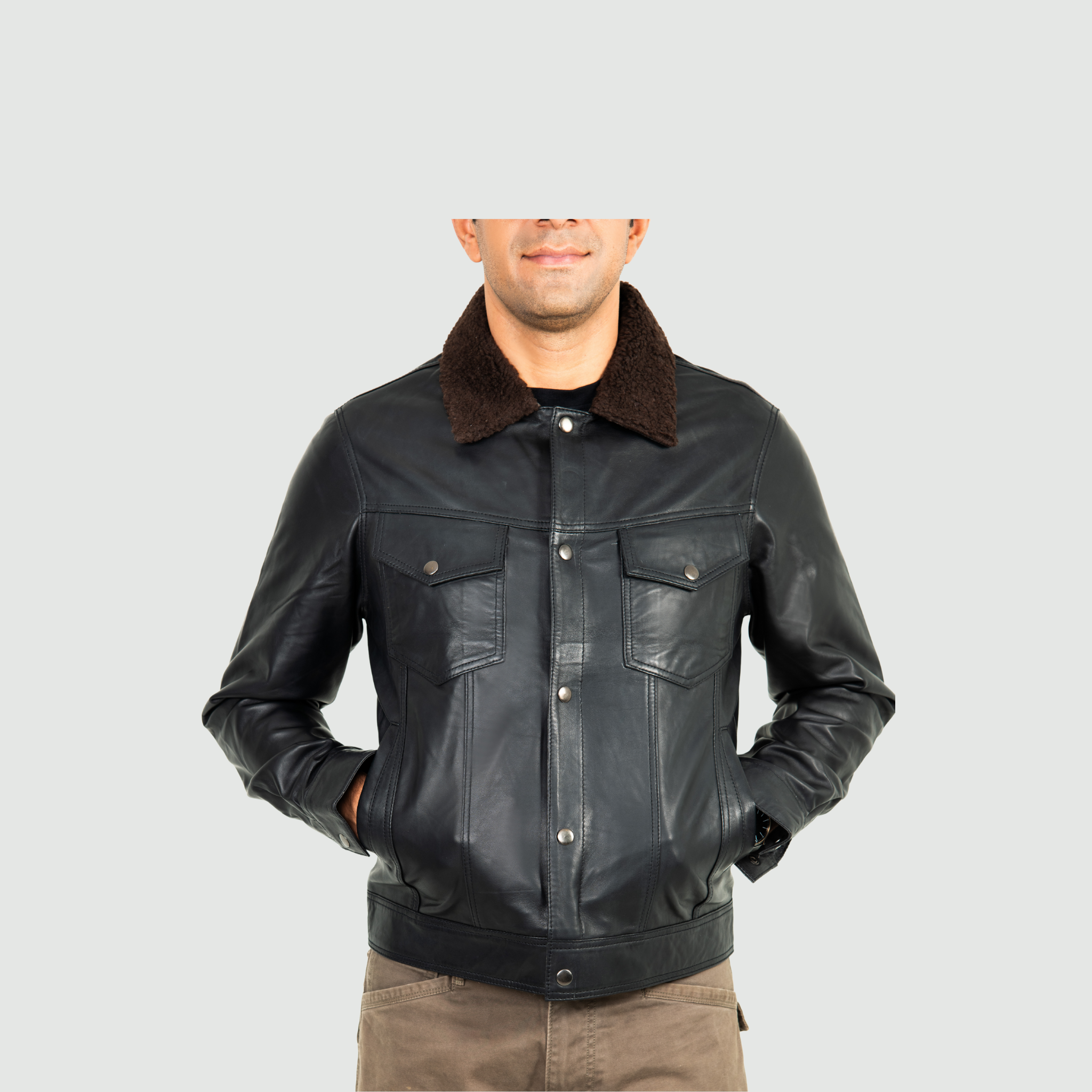 Jet Black Jacket With Brown Shearling Collar