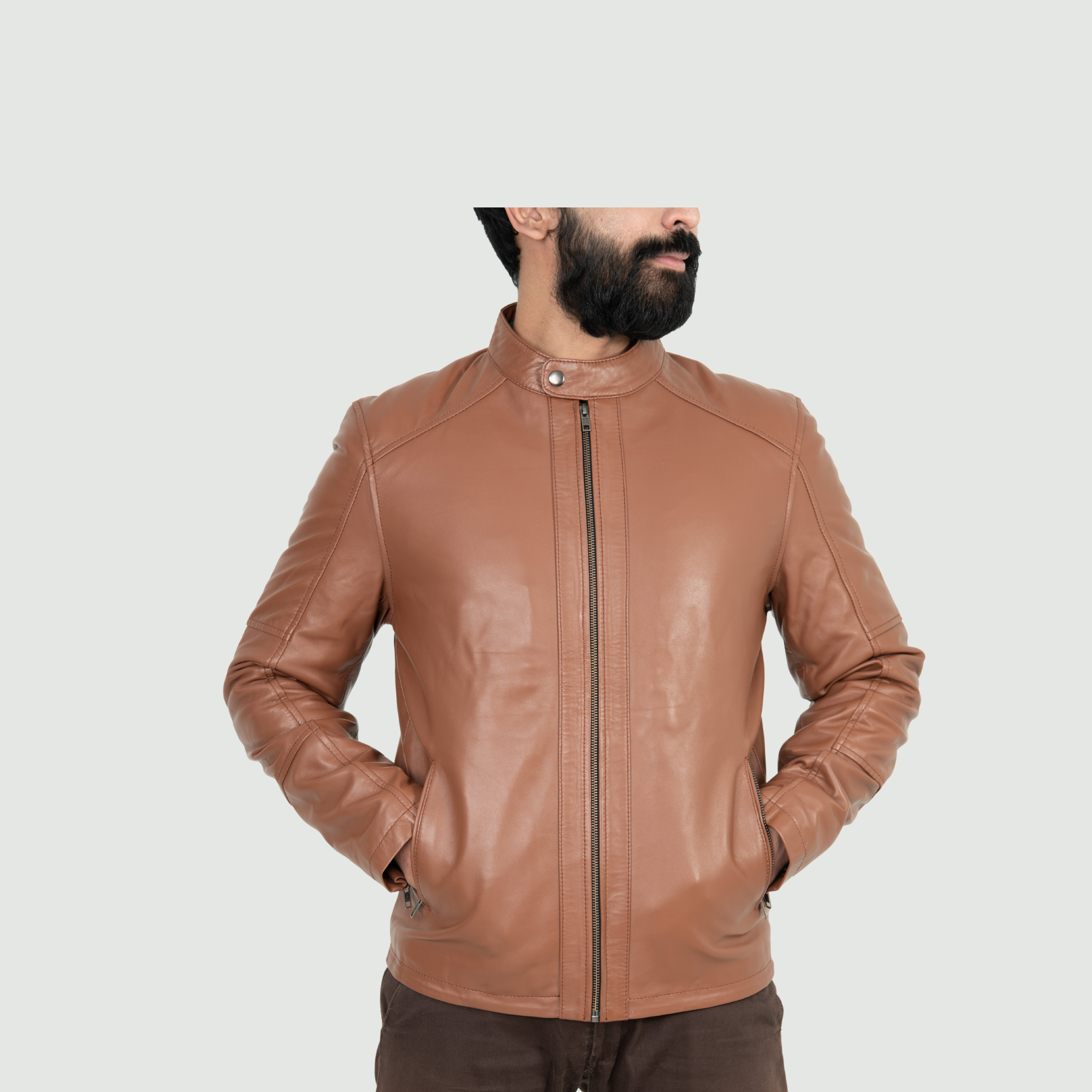 Tan Brown Mandarin Collar Biker Jacket