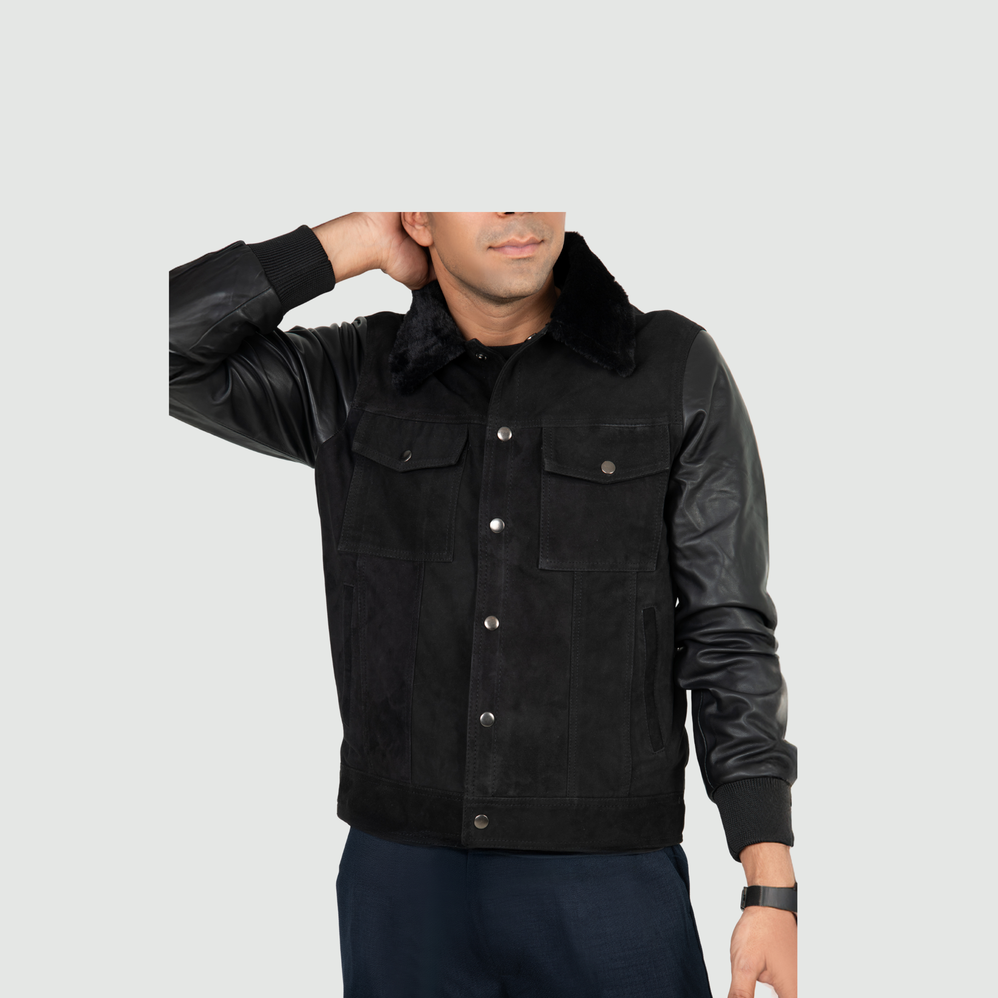 Jet Black Jacket With Black Shearling Collar