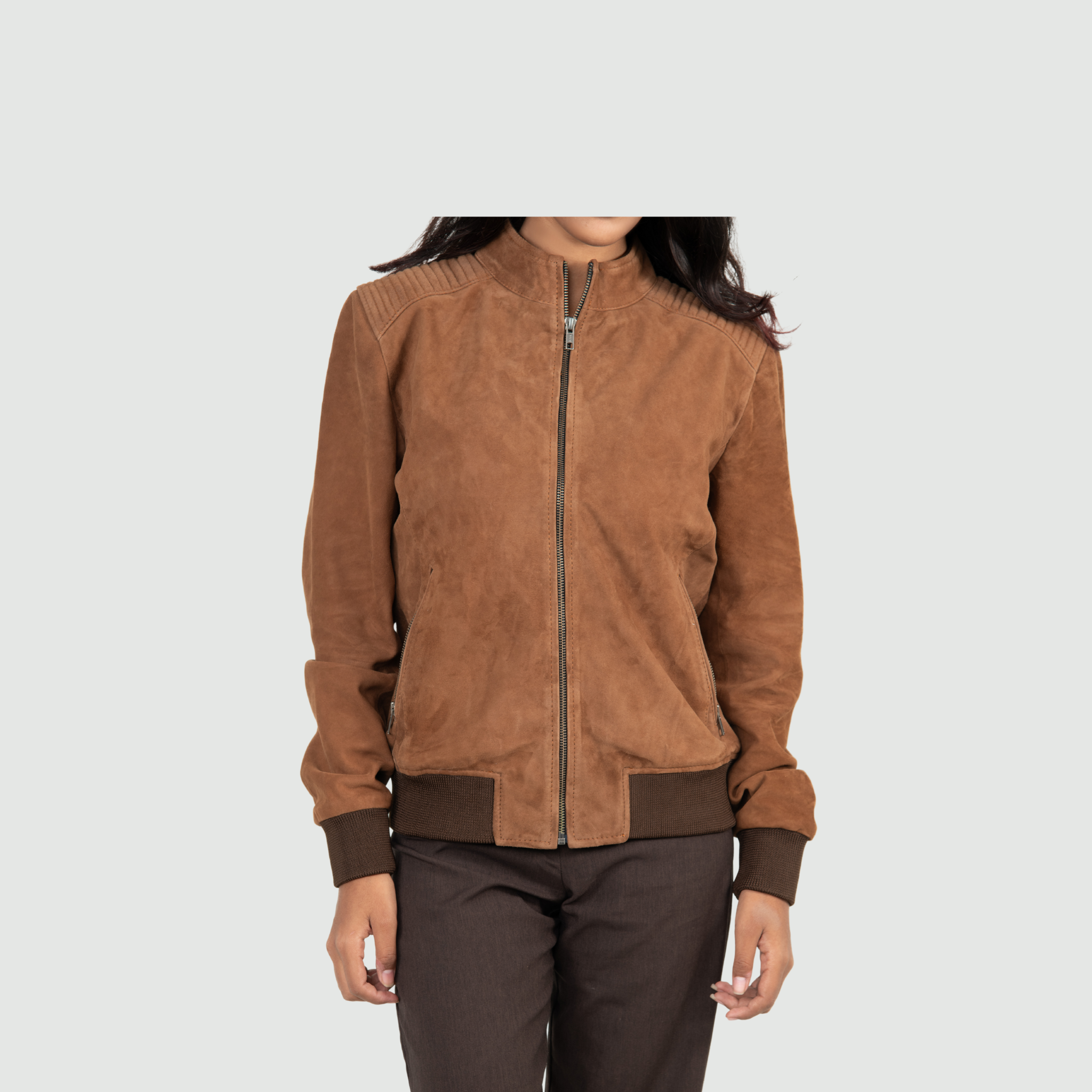 Tan Brown Suede Bomber Jacket